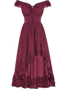 Women's Rose Red Renaissance Corset Dress Off Shoulder High-Low Chiffon